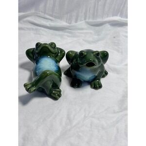 Vintage Ceramic Frog Figurine Set of 2 Green Blue Glazed Relaxing Squatting Frog